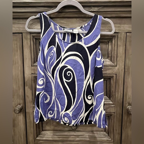 EUC Women’s CHICO’S Navy and White Silk Blend Sleeveless Abstract Blouse (M/8) - Picture 1 of 5